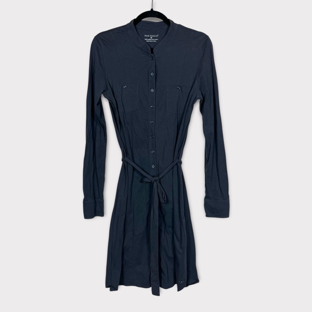 Fair Indigo Button Up Shirt Dress Medium Organic Pima Cotton Minimalist Neutral